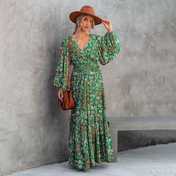 Fashion Print Lantern Long Sleeve V Neck Back Panel Maxi Dresses