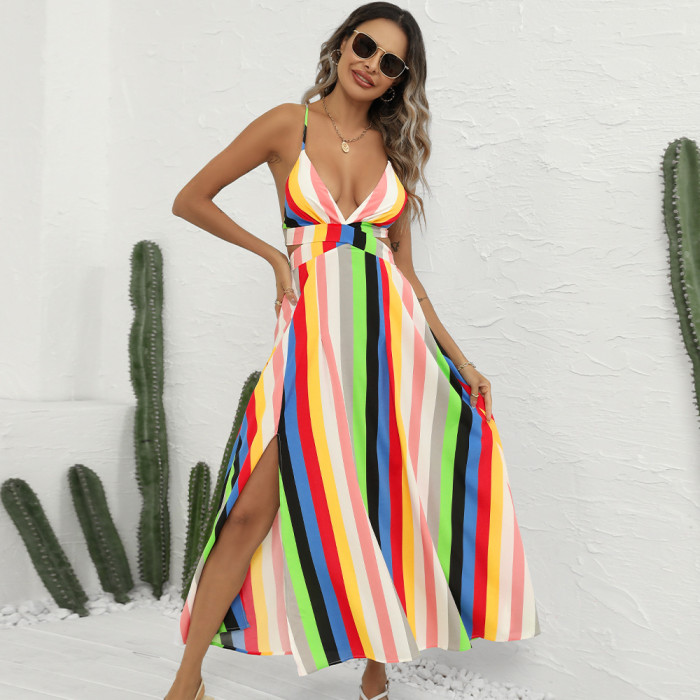 Sling Deep V Sexy Color Patchwork Maxi Dresses
