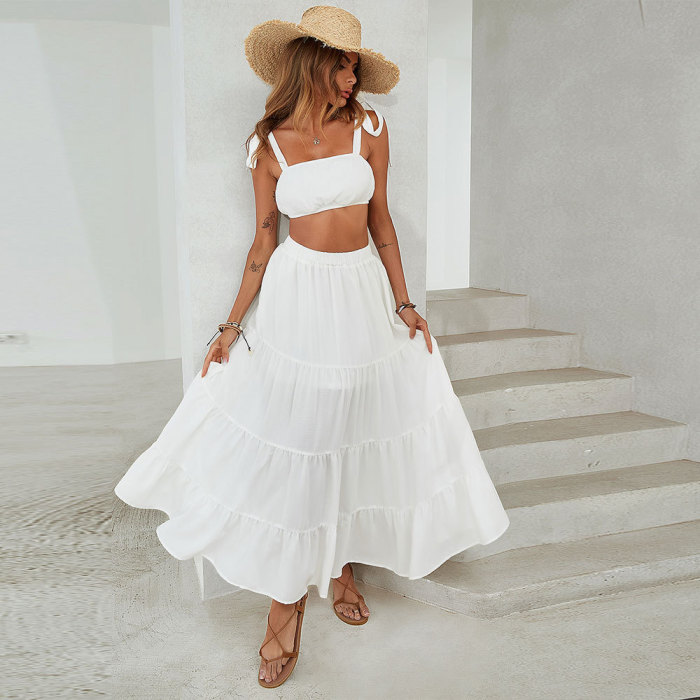 Tube Top Solid Color Sling Cropped Top Midi Skirt Two-piece Outfits