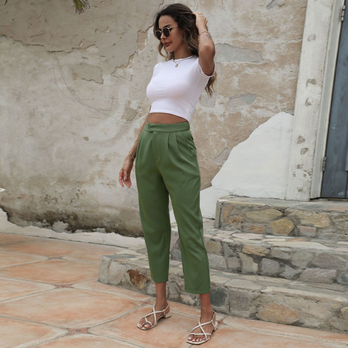 Solid Color High Waist Pocket Cropped Casual Pants