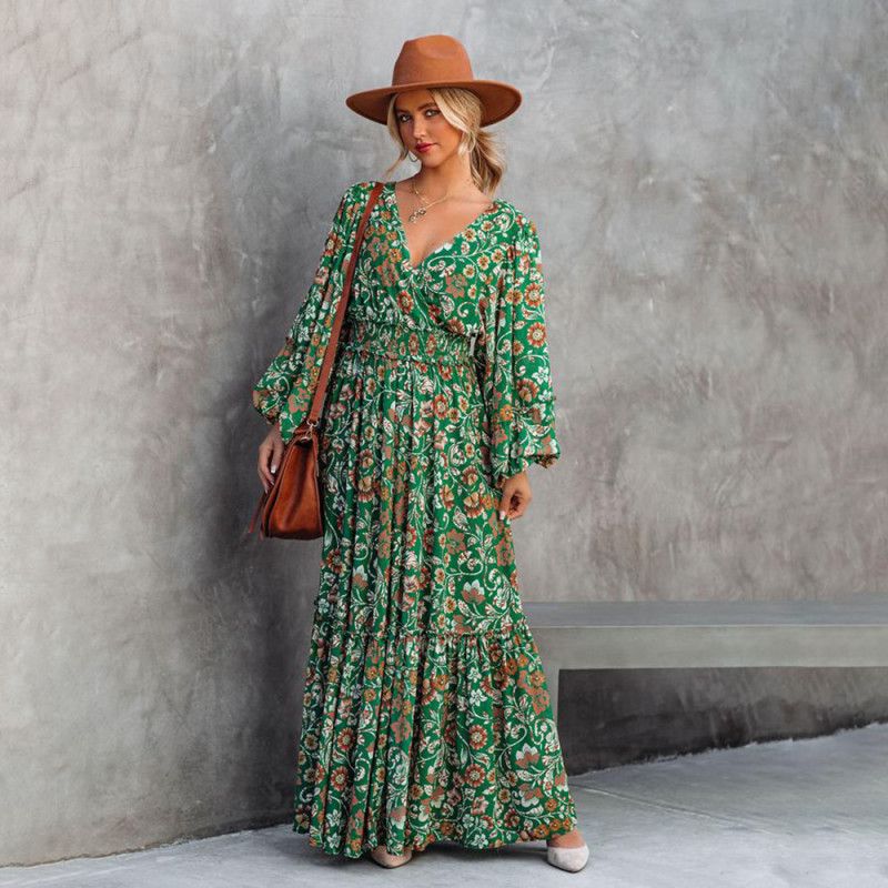 Fashion Print Lantern Long Sleeve V Neck Back Panel Maxi Dresses