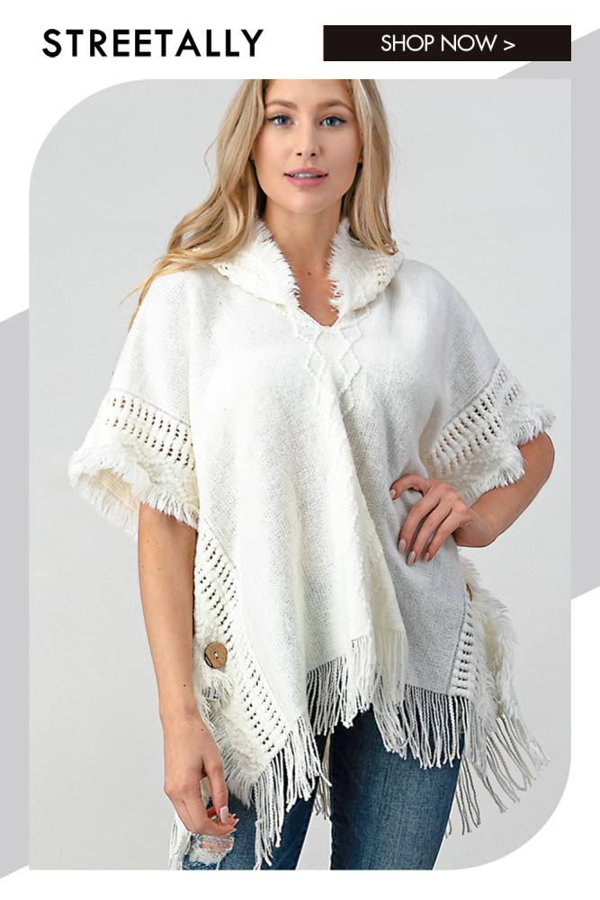 Knit Pullover Oversized Hooded Fringed Loose Half Sleeves Capes