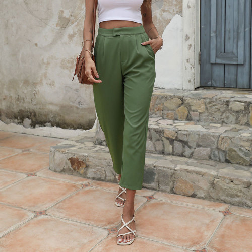 Solid Color High Waist Pocket Cropped Casual Pants