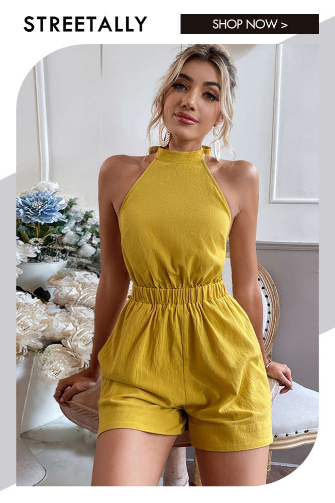 Halter Neck Strap Solid Color Waist Casual Resort Rompers