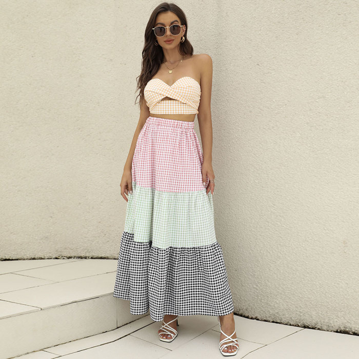 Tube Top Solid Color Wrap Chest Cropped Top Check Length Two-piece Outfits