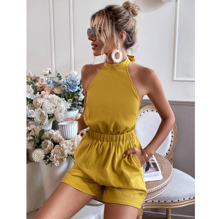 Halter Neck Strap Solid Color Waist Casual Resort Rompers