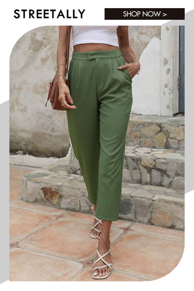 Solid Color High Waist Pocket Cropped Casual Pants