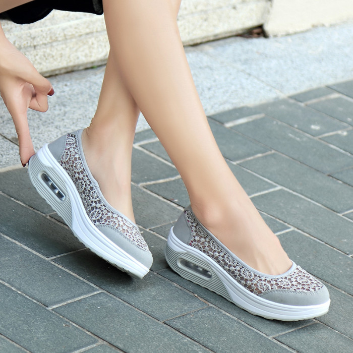 Shallow Lace Hollow Mesh Air Cushion Heightening Thick Bottom Sneakers