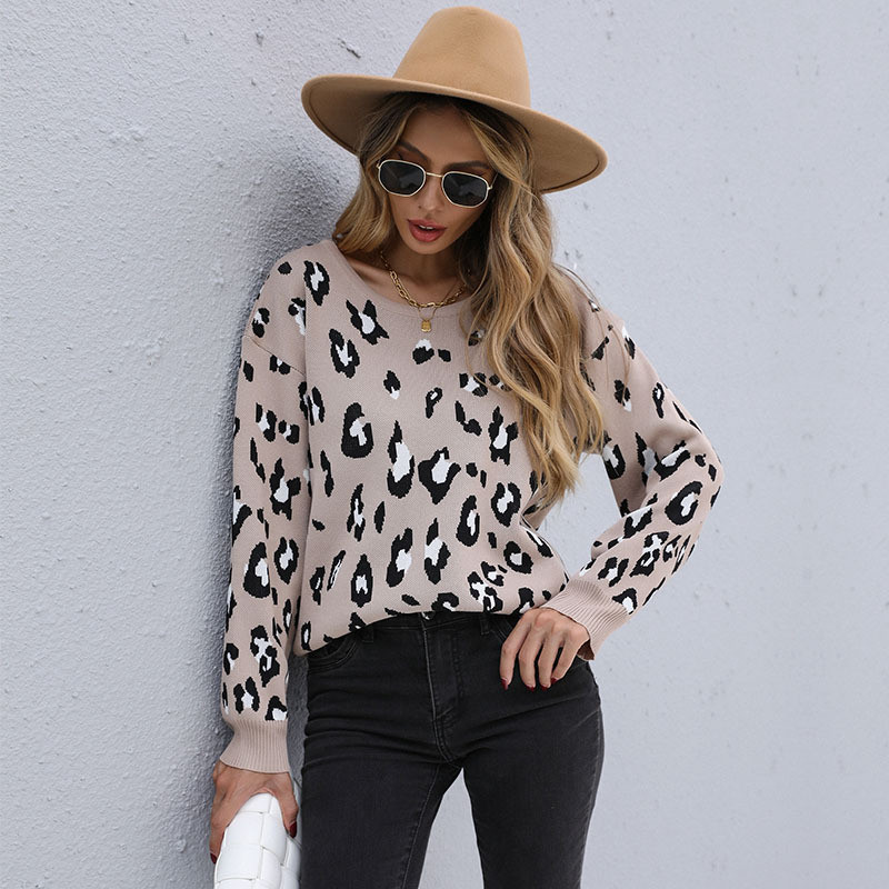 Casual Loose Leopard Print Long Sleeve Crew Neck Sweaters