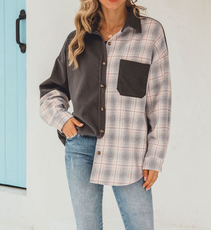 Corduroy Plaid Long Sleeve Casual Single Breasted Blouses & Shirts