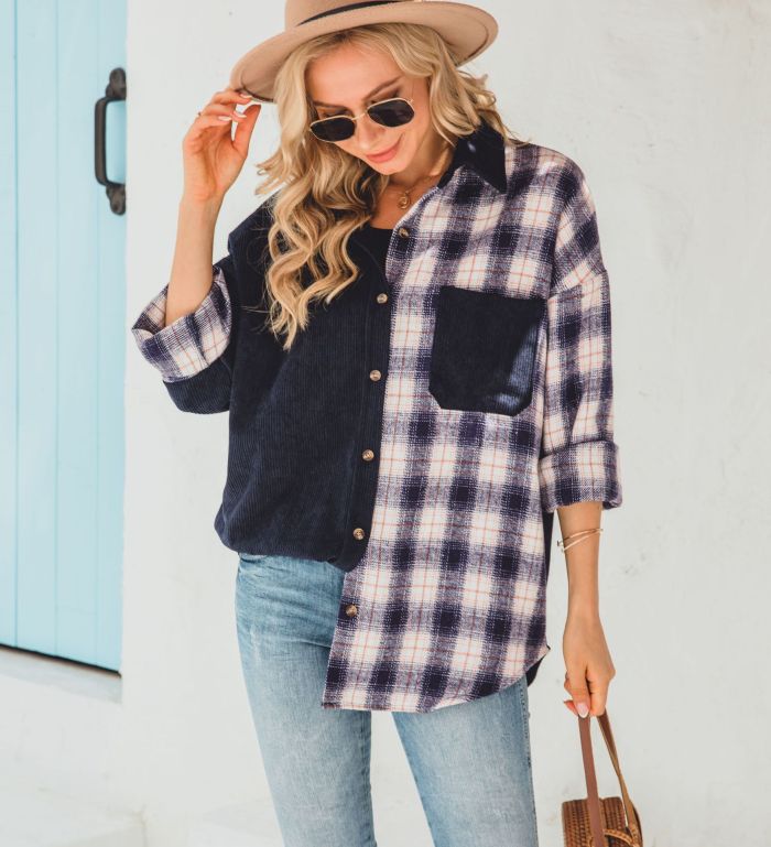 Corduroy Plaid Long Sleeve Casual Single Breasted Blouses & Shirts