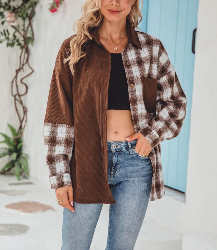 Corduroy Plaid Long Sleeve Casual Single Breasted Blouses & Shirts