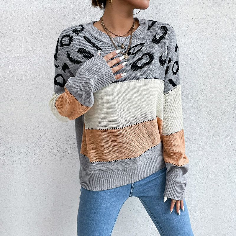 Paneled Crew Neck Long Sleeves Leopard Contrast Sweaters