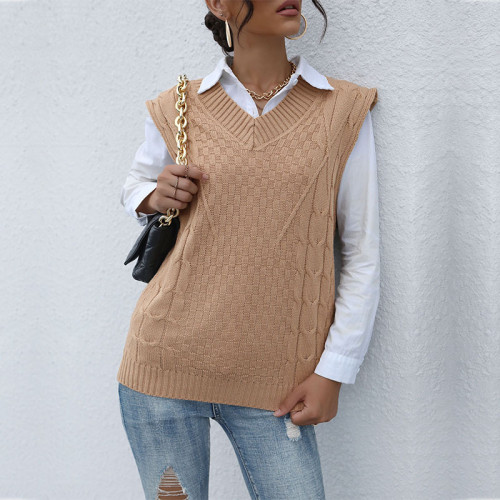 Fashion Knit Solid Color Linen Pattern Vest Sweaters