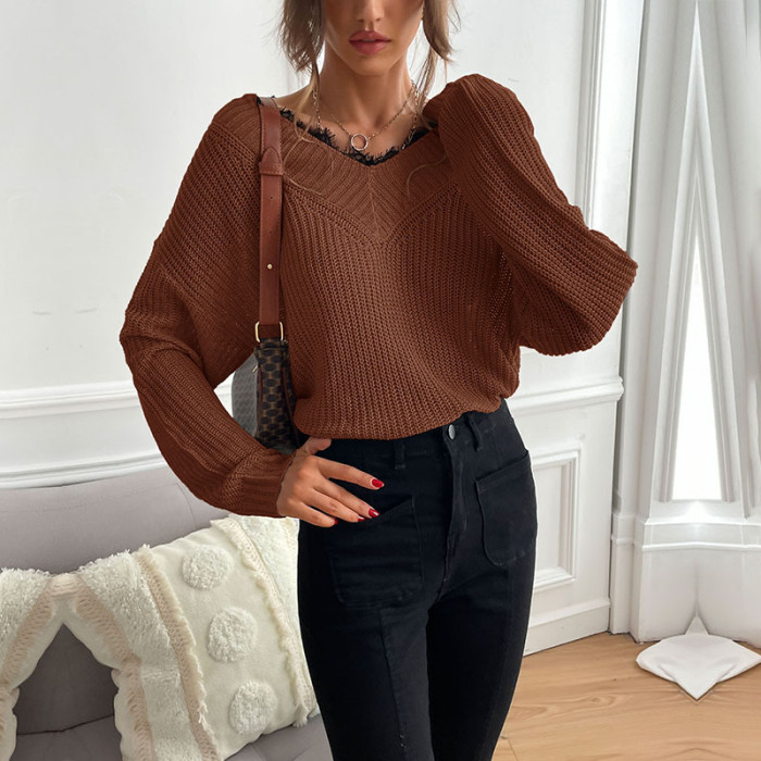 Patchwork Lace Pullover Solid V-Neck Casual Sweaters