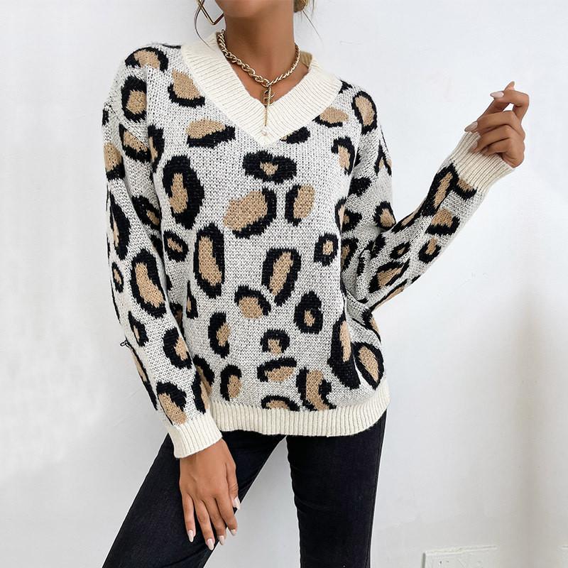 Leopard Print Fashion Knit Long Sleeve Pullover Sweaters