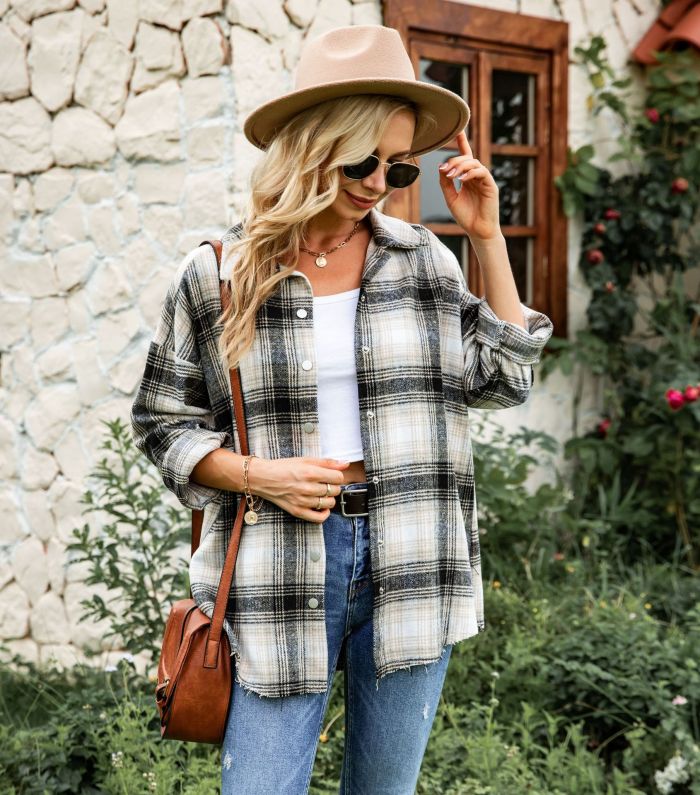 Loose Casual Long Sleeve Plaid Single Breasted Blouses & Shirts