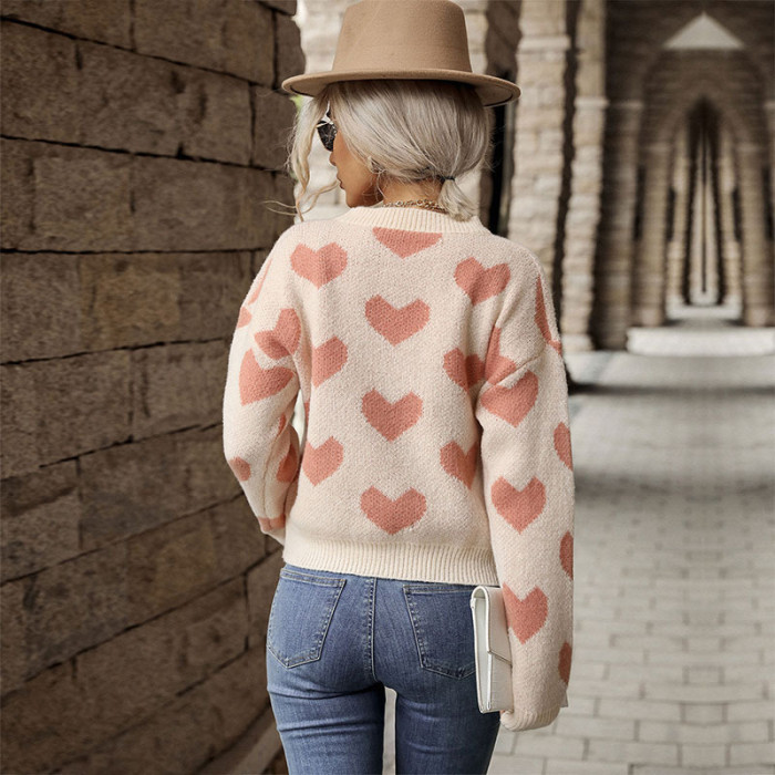 Fashion Casual Love Round Neck Long Sleeve Pink Sweaters