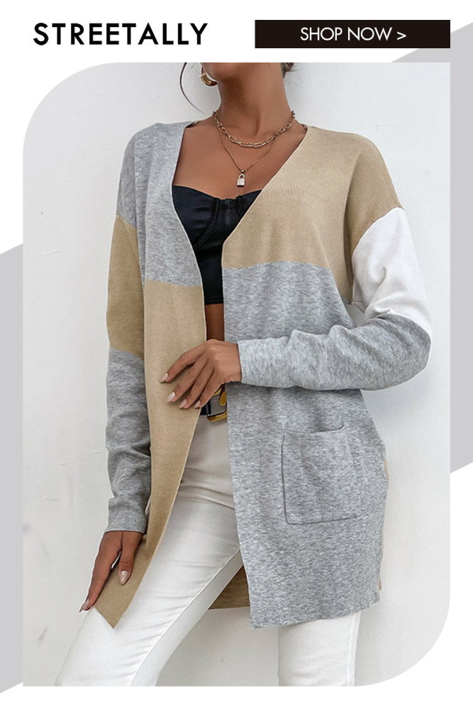 Paneled Long Sleeves Elegant Colorblock Sweaters Cardigans