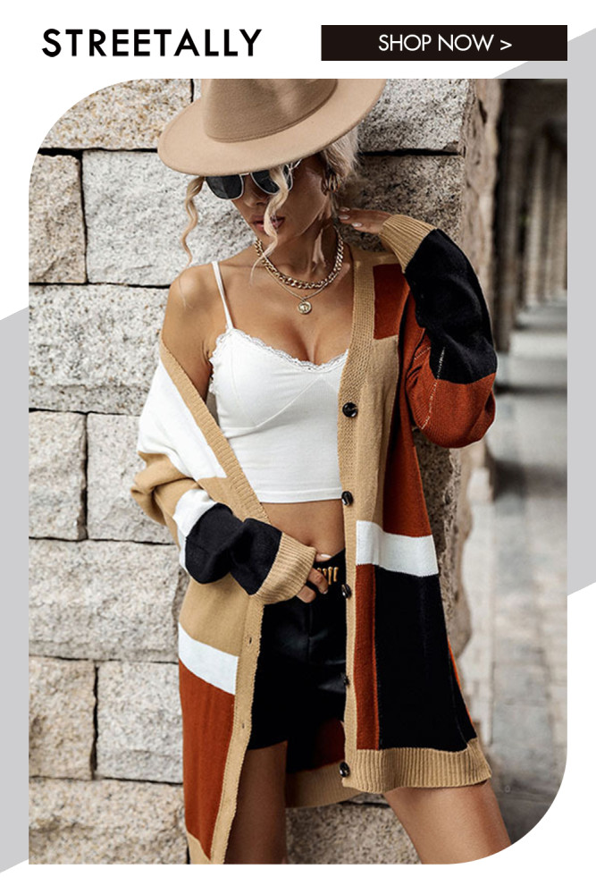 Casual Colorblock Long Sleeve Thin Sweaters Cardigans