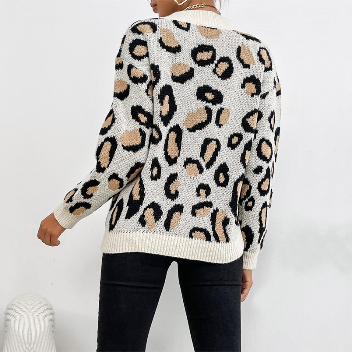 Leopard Print Fashion Knit Long Sleeve Pullover Sweaters