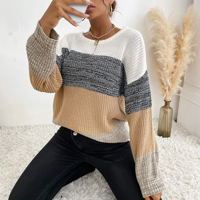 Casual Loose Colorblock Long Sleeve Crew Neck Sweaters