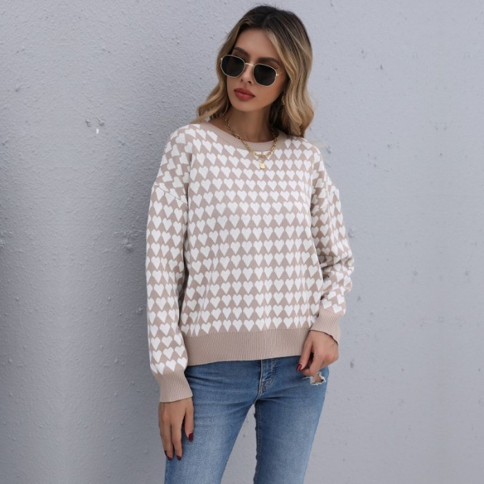 Loose Long Sleeve Heart Crew Neck Casual Sweaters