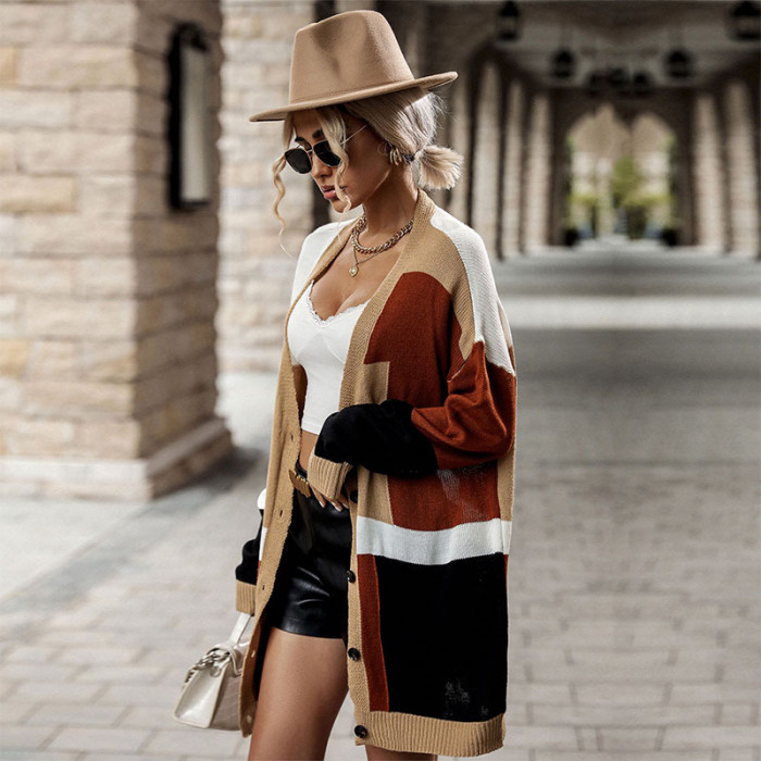 Casual Colorblock Long Sleeve Thin Sweaters Cardigans