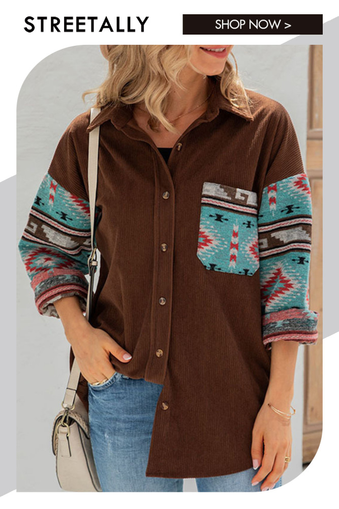 Corduroy Patchwork Print Long Sleeve Single Breasted Blouses & Shirts
