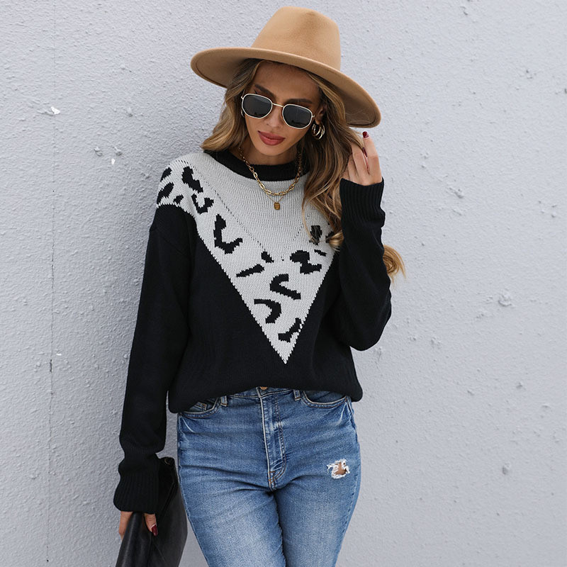 Casual Fashion Leopard Print Contrast Long Sleeve Lazy Style Sweaters