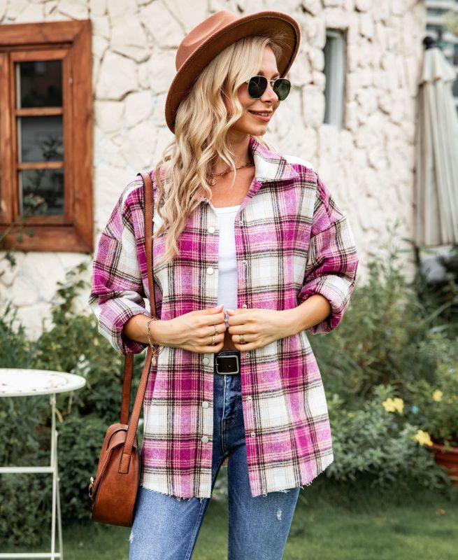 Loose Casual Long Sleeve Plaid Single Breasted Blouses & Shirts