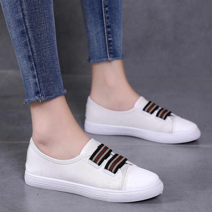 Casual Elastic Band Round Toe Flat Heel Solid Canvas Shoes