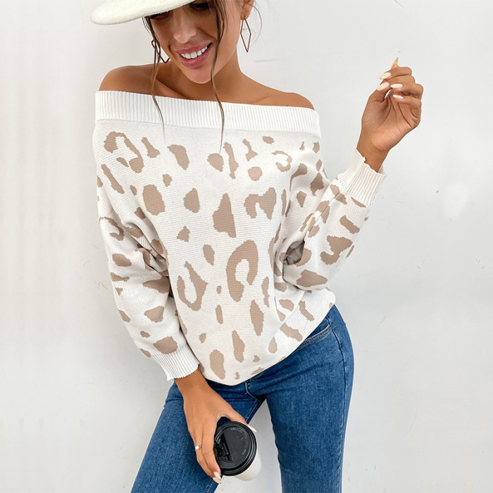 Casual Leopard Print Long Sleeve Off-the-Shoulder Sweaters