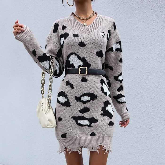 Long Sleeve V-Neck Shabby Leopard Crew Neck Sweater Dresses