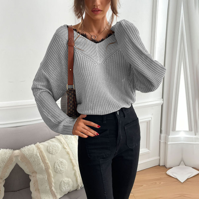Patchwork Lace Pullover Solid V-Neck Casual Sweaters