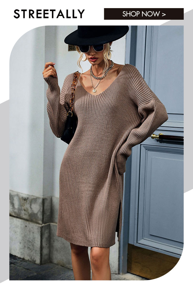 Elegant Casual Long Sleeve Pit Strip Solid V-Neck Sweater Dresses