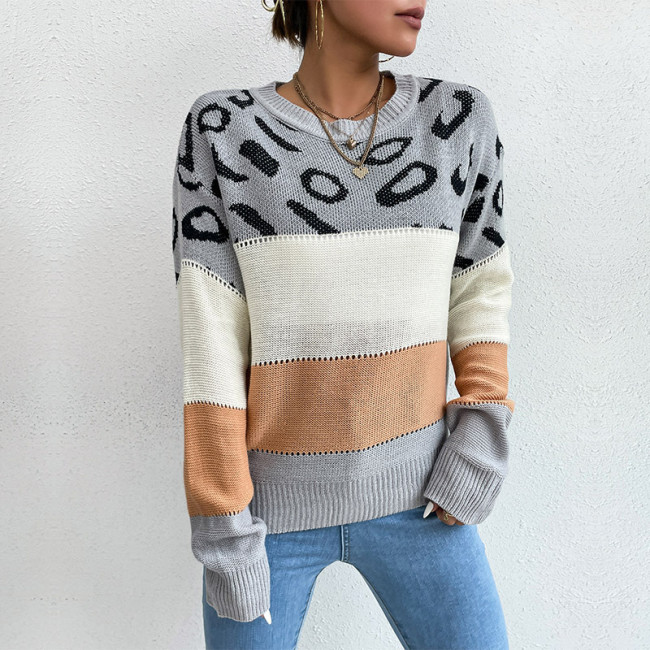 Paneled Crew Neck Long Sleeves Leopard Contrast Sweaters