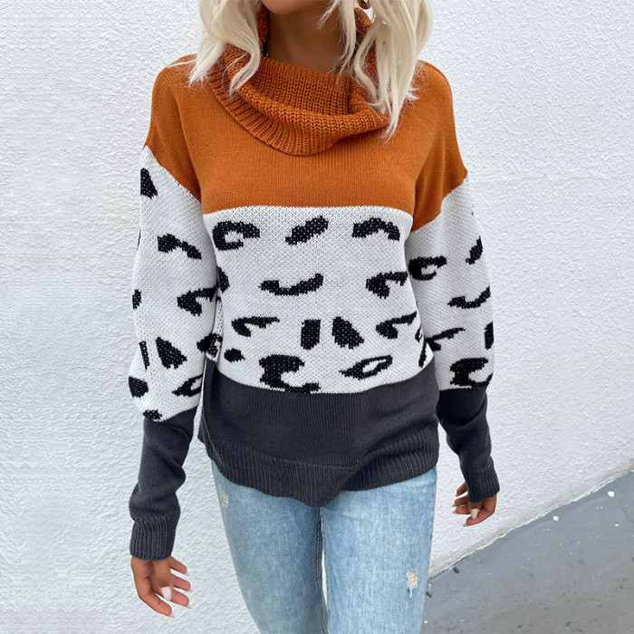 Leopard Print Contrast Long Sleeve Pullover Collar Sweaters