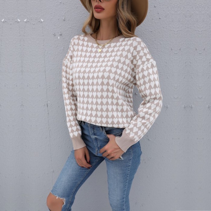 Loose Long Sleeve Heart Crew Neck Casual Sweaters