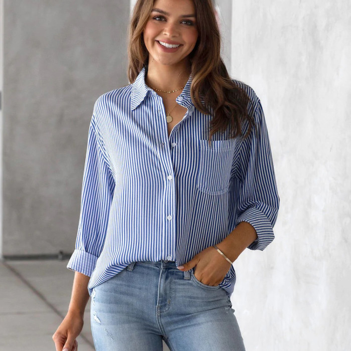 Striped Cardigan Loose Casual Long Sleeve Blouses & Shirts