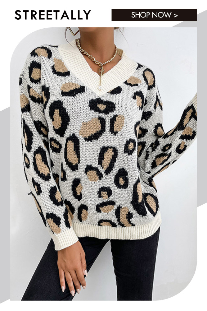 Leopard Print Fashion Knit Long Sleeve Pullover Sweaters