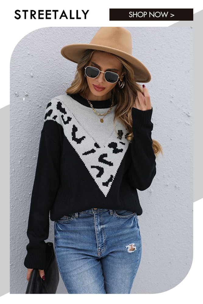 Casual Fashion Leopard Print Contrast Long Sleeve Lazy Style Sweaters