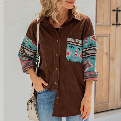 Corduroy Patchwork Print Long Sleeve Single Breasted Blouses & Shirts