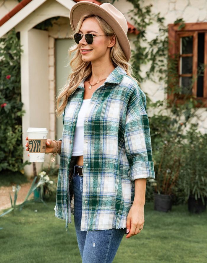 Loose Casual Long Sleeve Plaid Single Breasted Blouses & Shirts