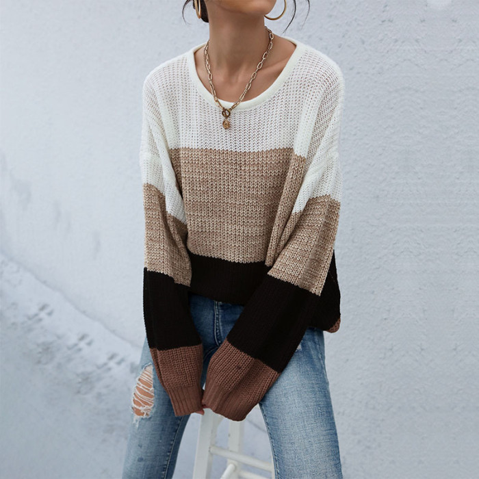 Casual Loose Colorblock Long Sleeve Crew Neck Elegant Sweaters