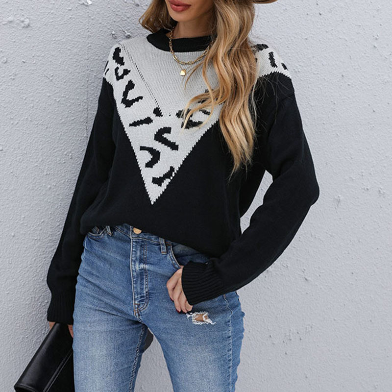 Casual Fashion Leopard Print Contrast Long Sleeve Lazy Style Sweaters