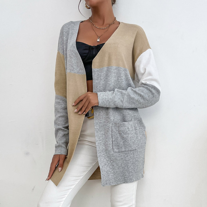 Paneled Long Sleeves Elegant Colorblock Sweaters Cardigans