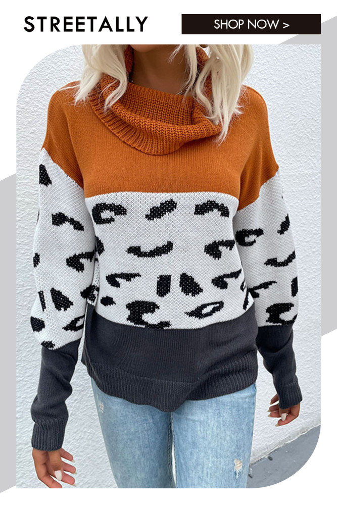 Leopard Print Contrast Long Sleeve Pullover Collar Sweaters