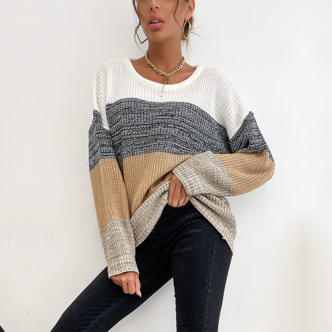 Casual Loose Colorblock Long Sleeve Crew Neck Sweaters