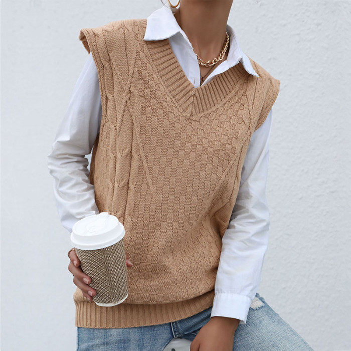 Fashion Knit Solid Color Linen Pattern Vest Sweaters
